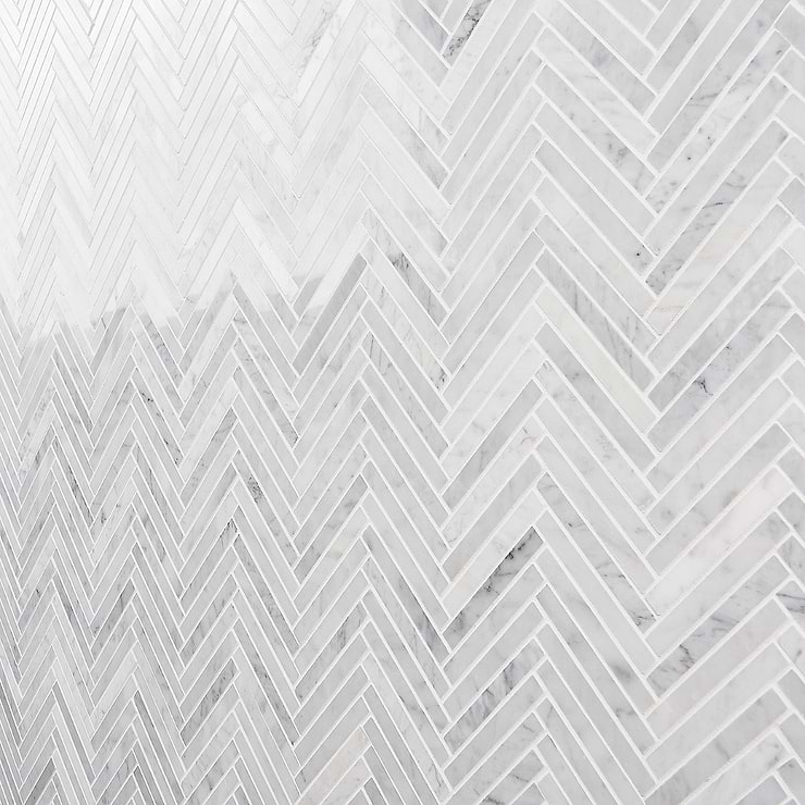 Carrara 1/2"x4" Herringbone Polished Marble Mosaic Tile