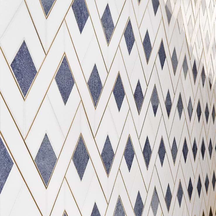 Zeta Azul Blue Polished Marble and Brass Waterjet Mosaic Tile
