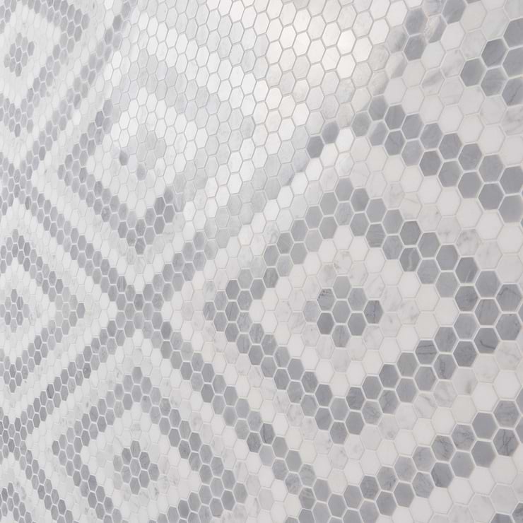 Juno Diamond Gray and White 1" Hexagon Polished Marble Mosaic Tile