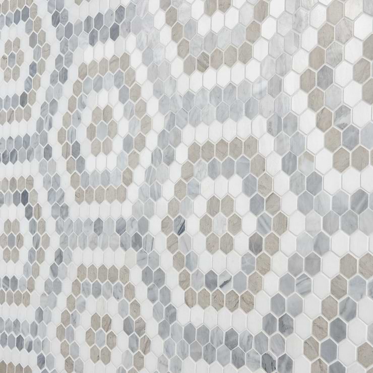 Juno Honeycomb Beige and Gray 1" Hexagon Polished Marble Mosaic Tile