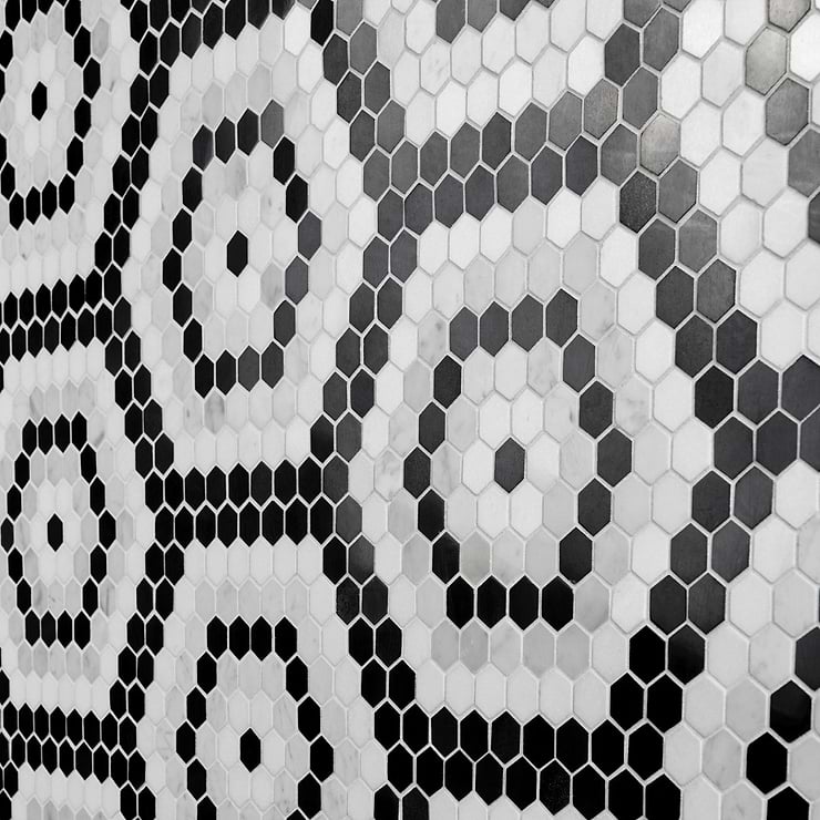 Juno Honeycomb Black and White 1" Hexagon Polished Marble Mosaic Tile
