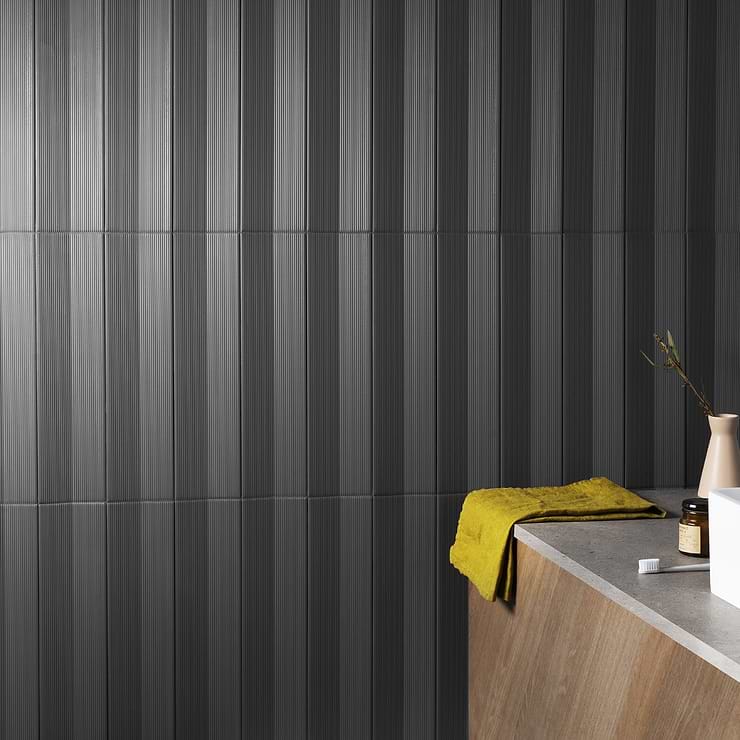 Kinzie Concave Charcoal Black 4x16 3D Matte Ceramic Tile