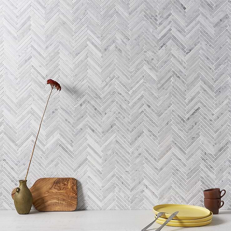 Carrara  White 1/2"x4" Herringbone Polished Marble Mosaic; in White Marble; for Backsplash, Floor Tile, Kitchen Floor, Kitchen Wall, Wall Tile, Bathroom Floor, Bathroom Wall, Shower Wall, Shower Floor, Outdoor Floor, Outdoor Wall, Commercial Floor; in Style Ideas Art Deco, Classic, Traditional, Transitional; released 2023; new, trends