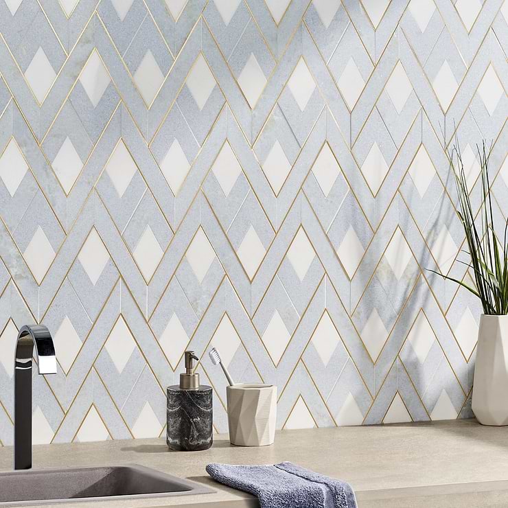 Sample-Zeta Celeste Blue Polished Marble and Brass Watejet Mosaic Tile