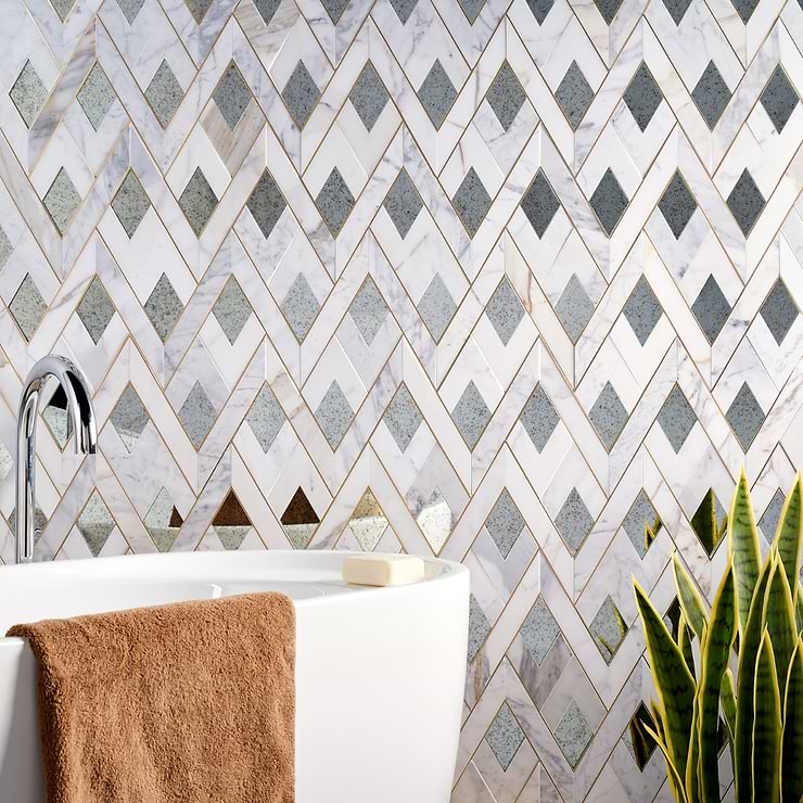 Zeta Mirror Silver Polished Marble, Antique Mirror and Brass Waterjet Mosaic Tile