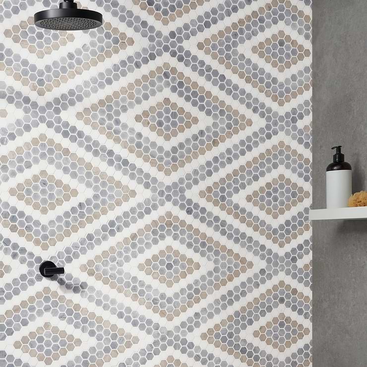 Juno Diamond Beige and Gray 1" Hexagon Polished Marble Mosaic Tile