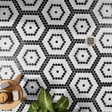 Juno Honeycomb Black and White 1" Hexagon Polished Marble Mosaic