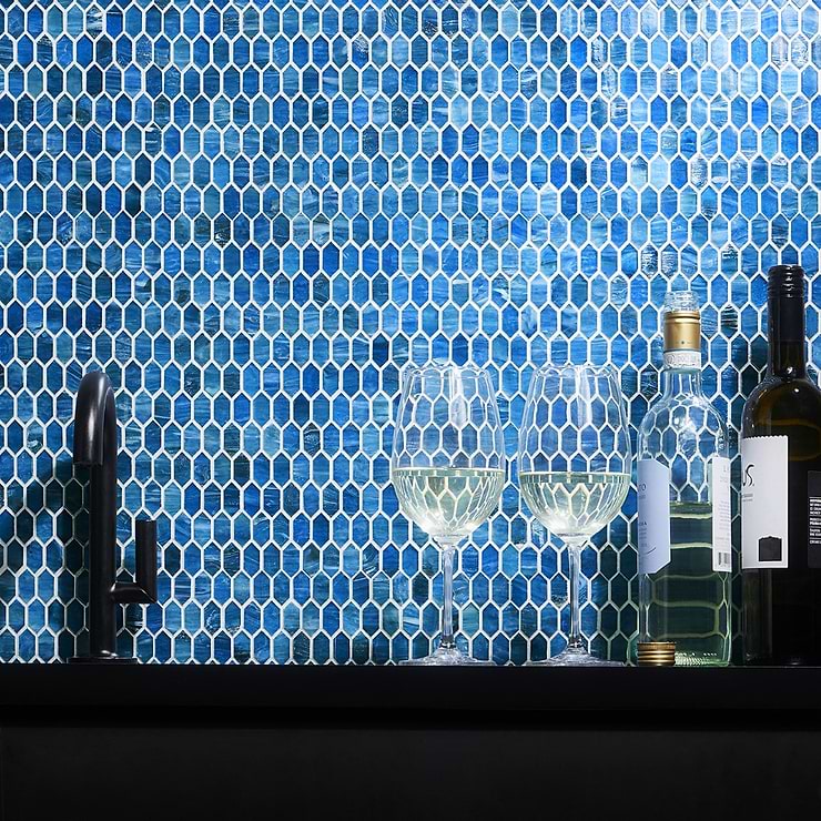 Flicker Marine Blue 1/4" x 1" Polished Glass Mosaic Tile; in Blue Glass; for Backsplash, Floor Tile, Kitchen Floor, Kitchen Wall, Wall Tile, Bathroom Floor, Bathroom Wall, Shower Wall, Shower Floor, Outdoor Wall, Pool Tile; in Style Ideas Art Deco, Beach, Craftsman, Transitional, Whimsical; released 2023; new, trends