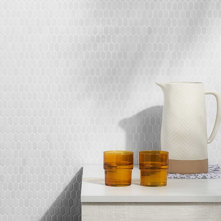 Flicker Rain White 1/4" x 1" Polished Glass Mosaic Tile; in White Glass; for Backsplash, Floor Tile, Kitchen Floor, Kitchen Wall, Wall Tile, Bathroom Floor, Bathroom Wall, Shower Wall, Shower Floor, Outdoor Wall, Pool Tile; in Style Ideas Art Deco, Beach, Craftsman, Transitional, Whimsical; released 2023; new, trends