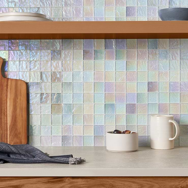 Splash Glacier White 2x2 Polished Glass Mosaic; in White Glass; for Backsplash, Kitchen Wall, Wall Tile, Bathroom Wall, Shower Wall, Outdoor Wall, Pool Tile; in Style Ideas Beach, Contemporary, Industrial, Mediterranean, Transitional, Tropical, Whimsical