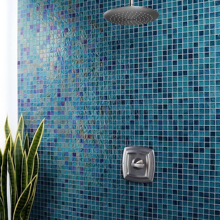 Splash Tropical Blue 1x1 Polished Glass Mosiac Tile; in Blue Glass; for Backsplash, Bathroom Wall, Kitchen Wall, Outdoor Wall, Pool Tile, Shower Wall, Wall Tile; in Style Ideas Beach, Contemporary, Industrial, Mediterranean, Transitional, Tropical, Whimsical; released 2024; new, trends