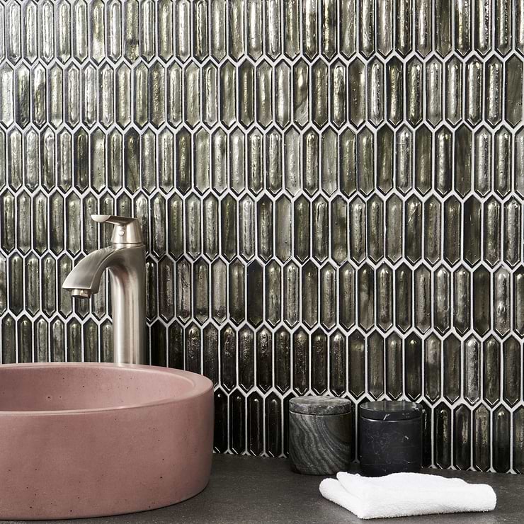 Komorebi Picket Rainforest Dew Gray 1x3 Polished Glass Mosaic Tile