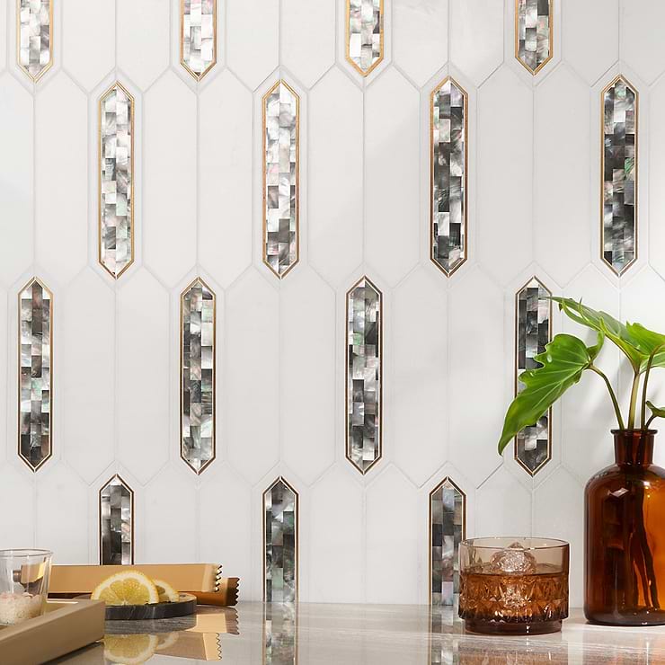 Zeus Black Pearl 2x8 Picket Polished Marble, Pearl and Brass Waterjet Mosaic Tile