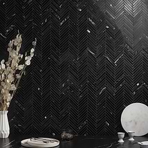 Nero Marquina 1/2"x4" Herringbone Polished Marble Mosaic Tile