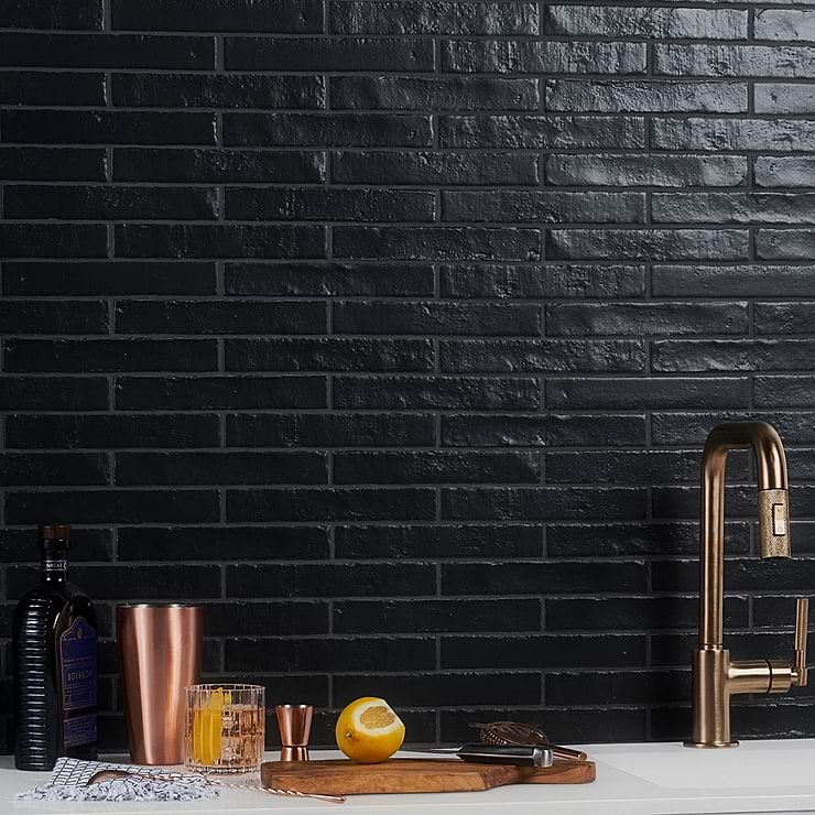 Wabi Sabi Coal Black 1.5x9 Matte Ceramic Tile; in Black White Body Ceramic; for Backsplash, Bathroom Wall, Kitchen Wall, Shower Wall, Wall Tile; in Style Ideas Beach, Cottage, Craftsman, Mediterranean, Mid Century, Traditional, Transitional; released 2024; new, trends