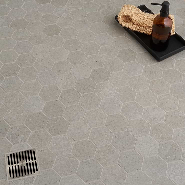 New Rock Fumo Light Gray 3" Hexagon Matte Porcelain Mosiac; in Light Gray Colorbody Porcelain; for Backsplash, Floor Tile, Kitchen Floor, Kitchen Wall, Wall Tile, Bathroom Floor, Bathroom Wall, Shower Wall, Shower Floor, Outdoor Floor, Outdoor Wall, Commercial Floor, Pool Tile; in Style Ideas Beach, Classic, Contemporary, Industrial, Mid Century, Modern, Traditional, Transitional; released 2023; new, trends