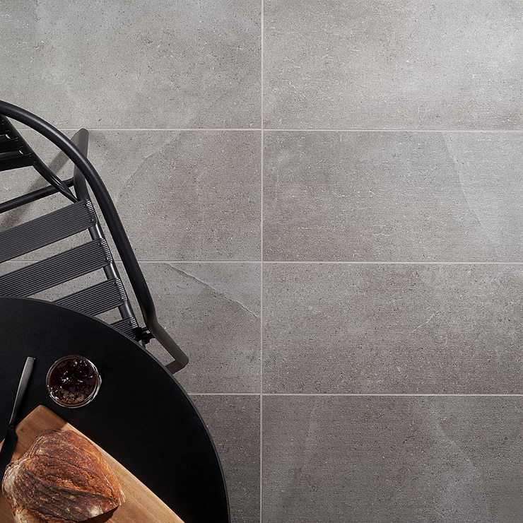 New Rock Fossil Dark Gray 12x24 Chiseled Limestone Look Matte Porcelain Tile 