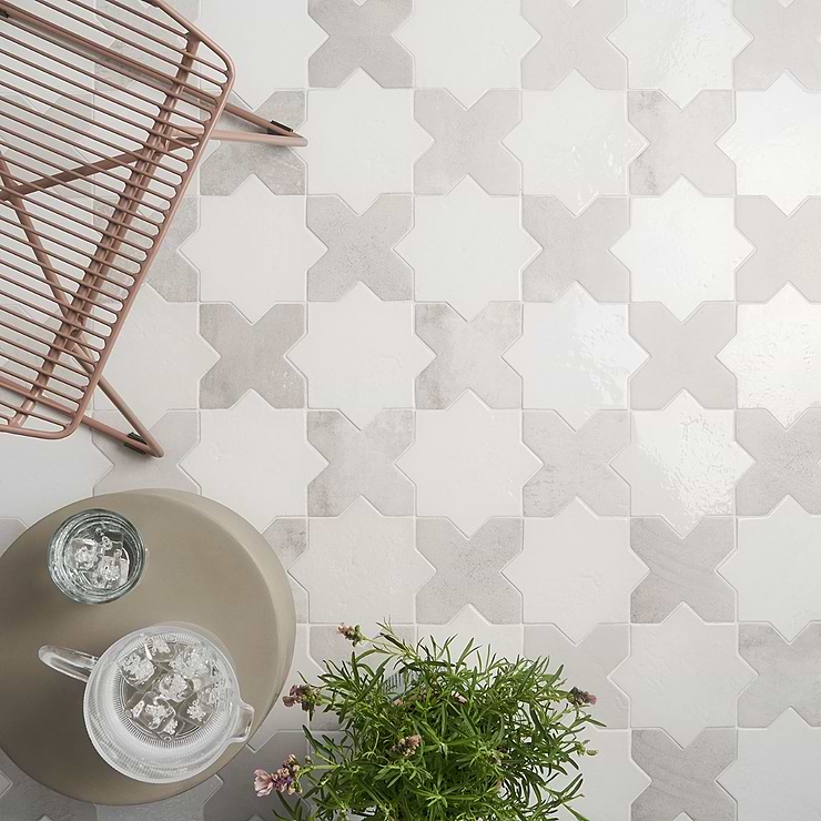 Parma White Polished Star and White Matte Cross 6" Terracotta Look Porcelain Tile; in White Porcelain; for Backsplash, Floor Tile, Kitchen Floor, Kitchen Wall, Wall Tile, Bathroom Floor, Bathroom Wall, Shower Wall, Shower Floor, Outdoor Floor, Outdoor Wall, Commercial Floor, Pool Tile; in Style Ideas Craftsman, Mediterranean, Mid Century, Traditional