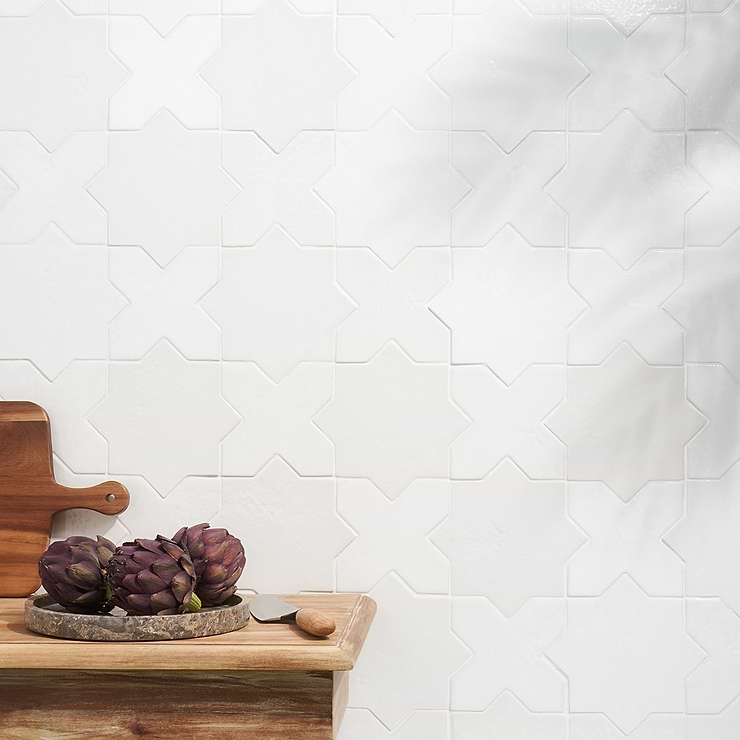 Parma White Polished Star and White Polished Cross 6" Terracotta Look Porcelain Tile