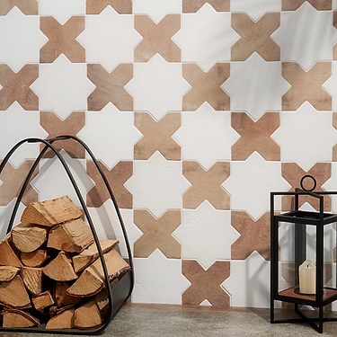 Parma White Polished Star and Cotto Brown Matte Cross 6" Terracotta Look Terracotta Porcelain Tile