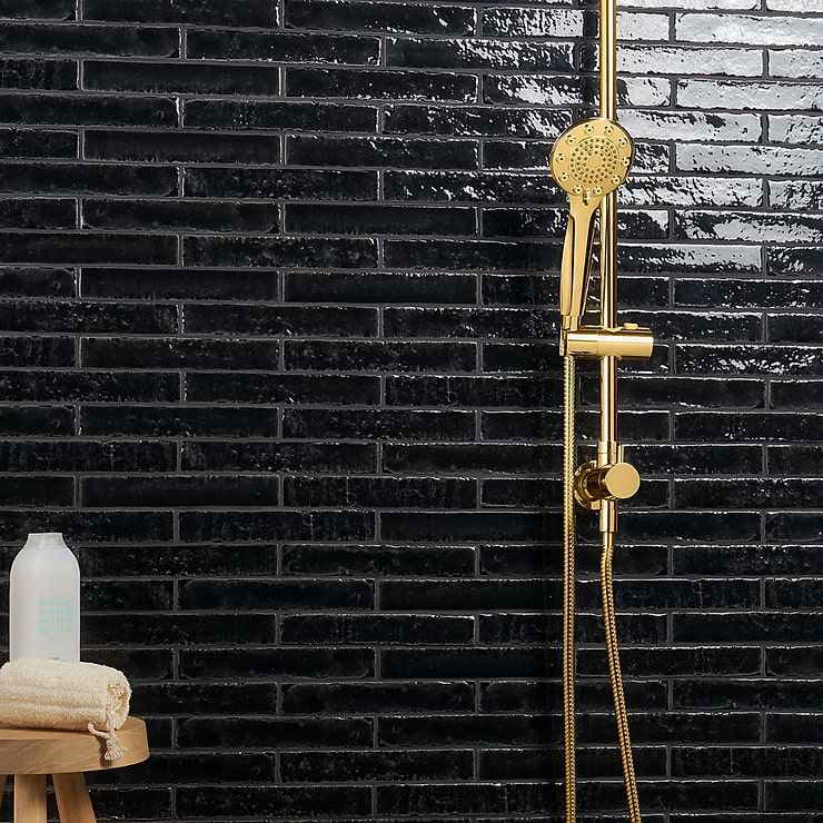 Wabi Sabi Coal Black 1.5x9 Glossy Ceramic Tile; in Black White Body Ceramic; for Backsplash, Kitchen Wall, Wall Tile, Bathroom Wall, Shower Wall; in Style Ideas Beach, Craftsman, Cottage, Mid Century, Mediterranean, Traditional, Transitional; released 2023; new, trends