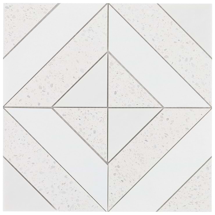 Cleopatra Diagonal Salt White Terrazzo and Bianco White Marble Polished Mosaic Tile