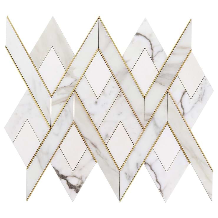 Zeta Bianco White Polished Marble and Brass Waterjet Mosaic Tile
