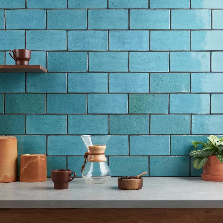 Emery Blue 4x8 Handmade Crackled Terracotta Subway Tile; in Blue Terracotta; for Backsplash, Floor Tile, Kitchen Floor, Kitchen Wall, Wall Tile, Bathroom Floor, Bathroom Wall, Shower Wall, Shower Floor, Outdoor Wall, Pool Tile; in Style Ideas Beach, Classic, Cottage, Craftsman, Farmhouse, Industrial, Mediterranean, Mid Century, Modern, Rustic, Traditional, Tropical; released 2023; new, trends
