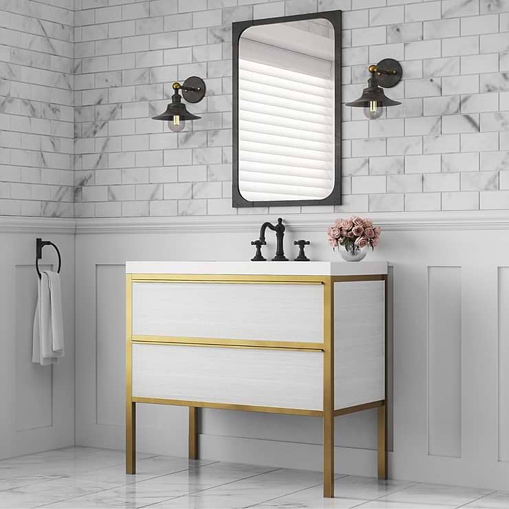 Element  White and Brass 36" Single Vanity with Integrated Top; in Style Ideas Contemporary, Industrial, Modern, Transitional