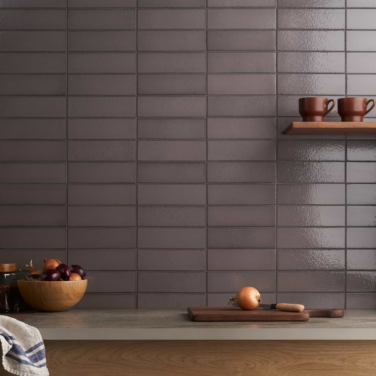 Shower with Gray Glazed Brickwork Square Tiles - Transitional