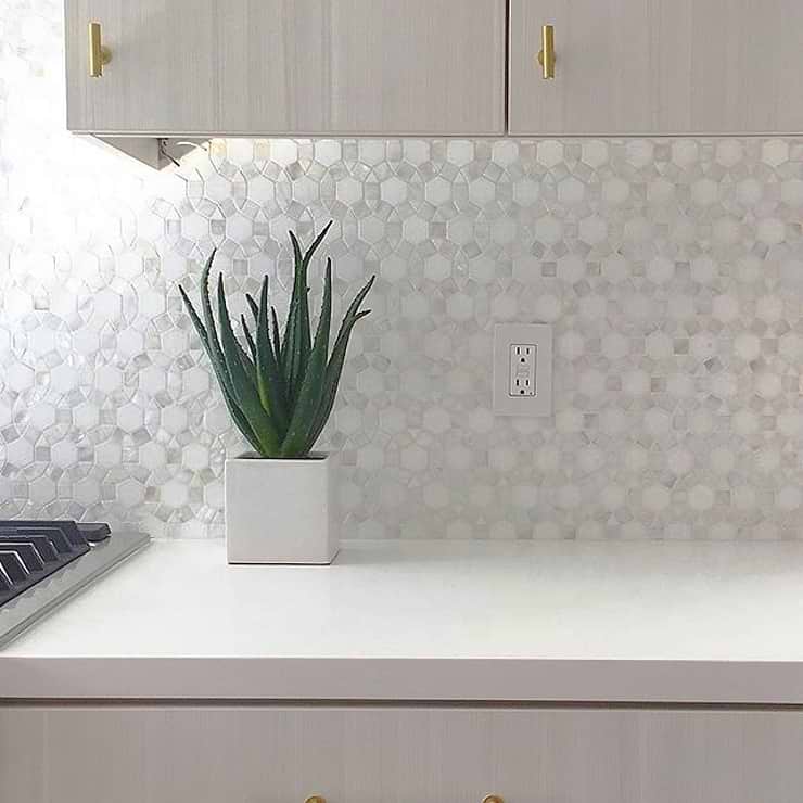 Victoria White Hexagon Polished Marble & Pearl Mosaic; in Thassos + White Thassos; for Backsplash, Floor Tile, Kitchen Floor, Kitchen Wall, Wall Tile, Bathroom Floor, Bathroom Wall, Shower Wall; in Style Ideas Beach, Classic, Transitional