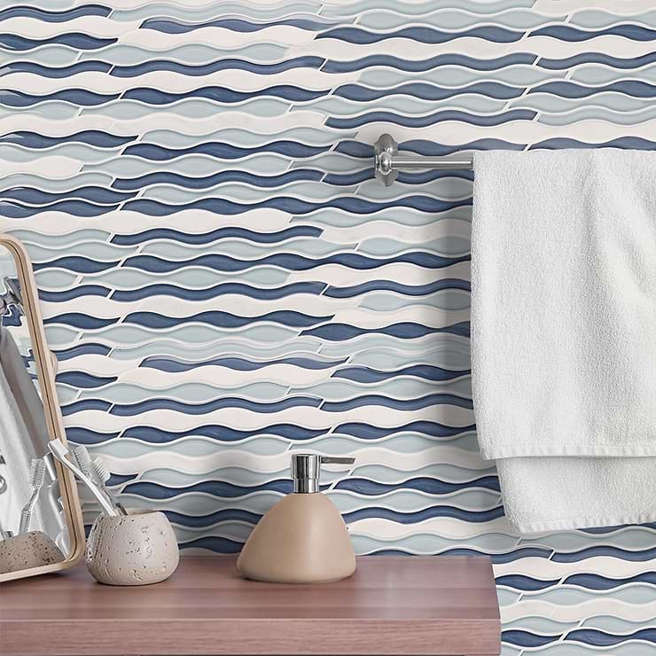 Allure Lazy River Blue Glass Mosaic; in White + Shades of Blue Glass; for Backsplash, Kitchen Wall, Wall Tile, Bathroom Wall, Shower Wall; in Style Ideas Beach, Whimsical