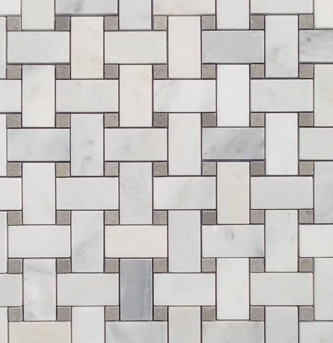 Twine Asian Statuary Gray Honed Marble Mosaic; in White base with gray and gold veining Asian Statuary + Lady Gray; for Backsplash, Floor Tile, Kitchen Floor, Kitchen Wall, Wall Tile, Bathroom Floor, Bathroom Wall, Shower Wall, Outdoor Wall, Commercial Floor; in Style Ideas Classic, Craftsman, Traditional