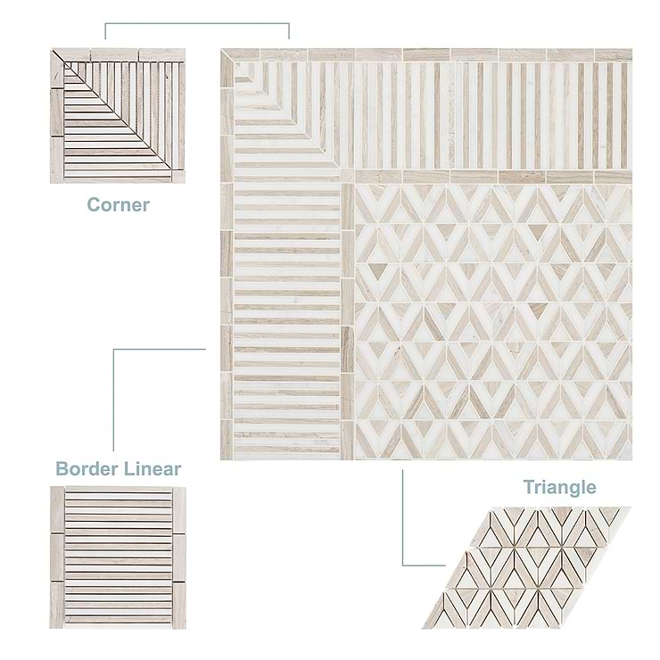 Monroe Triangle Asian Statuary and Wooden Beige Marble Mosaic Tile