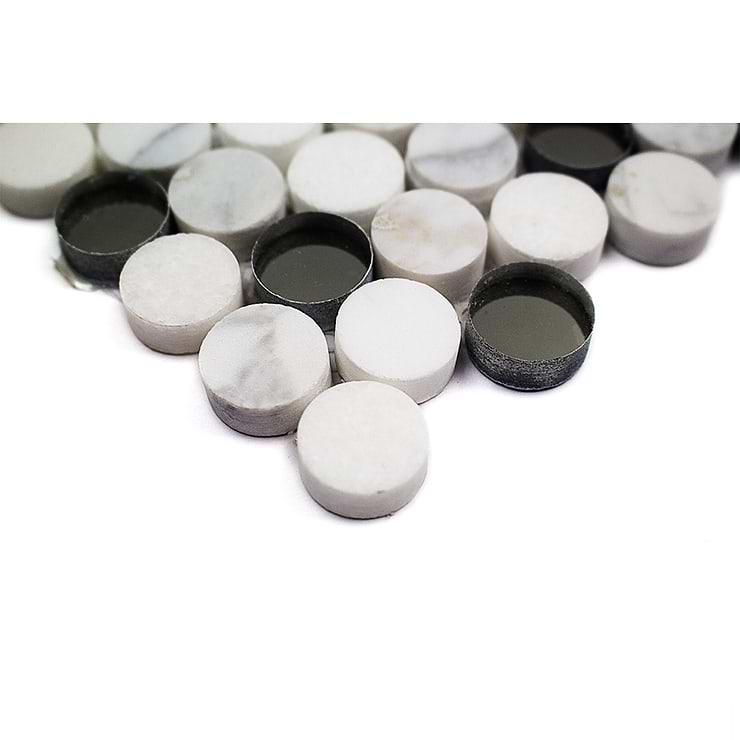 Paradigm Carrera Thassos and Mirror Penny Round Marble and Glass Tile