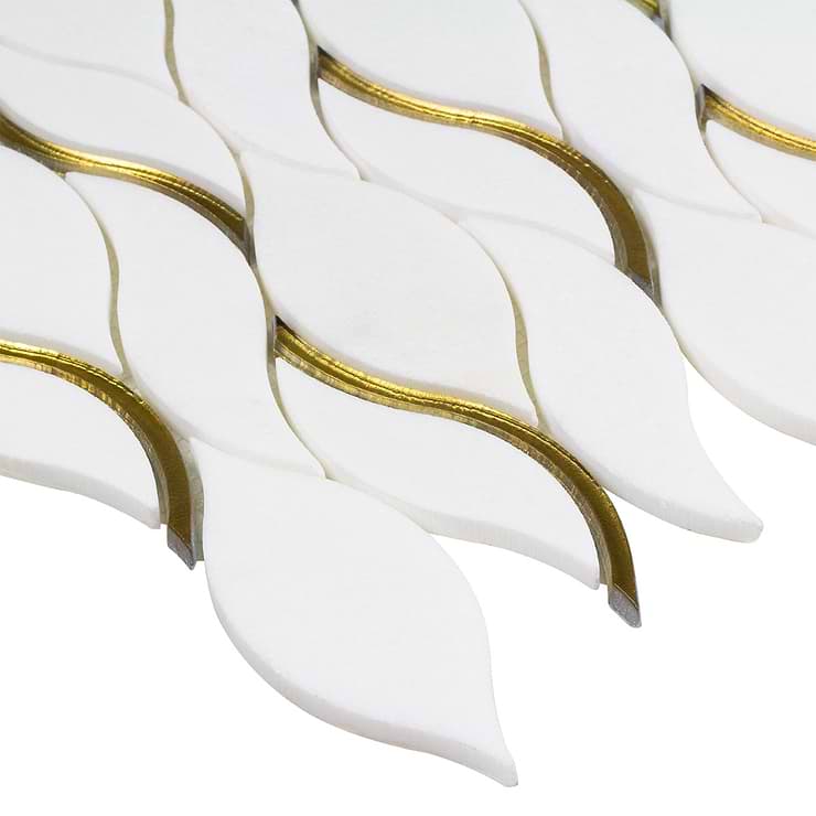 Euphoria Glass Lynx Gold Waved Teardrop Polished Thassos Marble Mosaic Tile