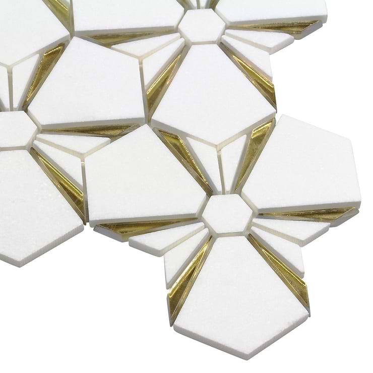 Euphoria Glass Arctic Gold Mixed Hexagon Polished Thassos Marble Mosaic Tile