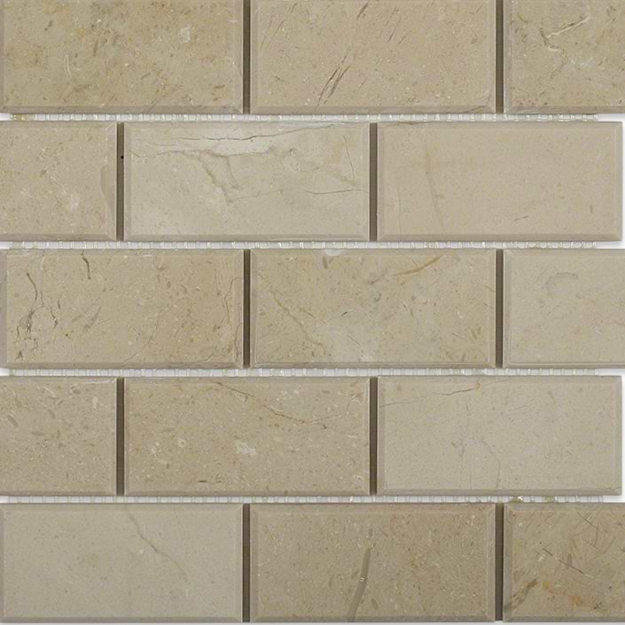 Crema Marfil Beige 2x4 Brick Beveled Polished Marble Mosaic; in Cream Crema Marfil; for Backsplash, Kitchen Wall, Wall Tile, Bathroom Wall, Shower Wall, Shower Floor, Outdoor Wall; in Style Ideas Cottage, Craftsman, Farmhouse, Traditional