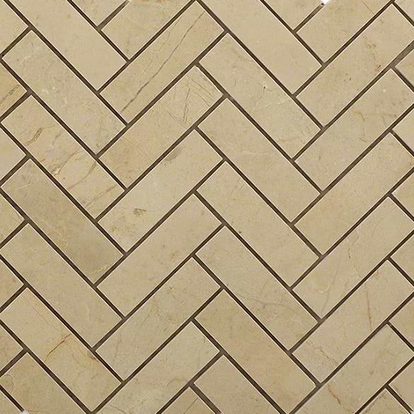 Crema Marfil Beige 1x3 Herringbone Polished Marble Mosaic; in Cream Crema Marfil; for Backsplash, Floor Tile, Kitchen Floor, Kitchen Wall, Wall Tile, Bathroom Floor, Bathroom Wall, Shower Wall, Shower Floor, Outdoor Wall, Commercial Floor; in Style Ideas Classic, Cottage, Farmhouse, Traditional