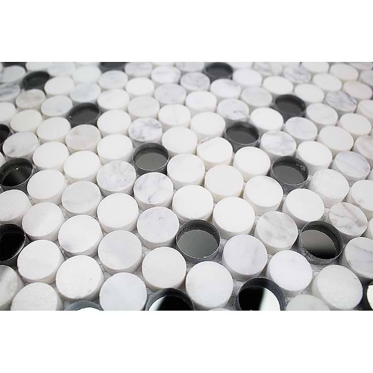 Paradigm Carrera Thassos and Mirror Penny Round Marble and Glass Tile
