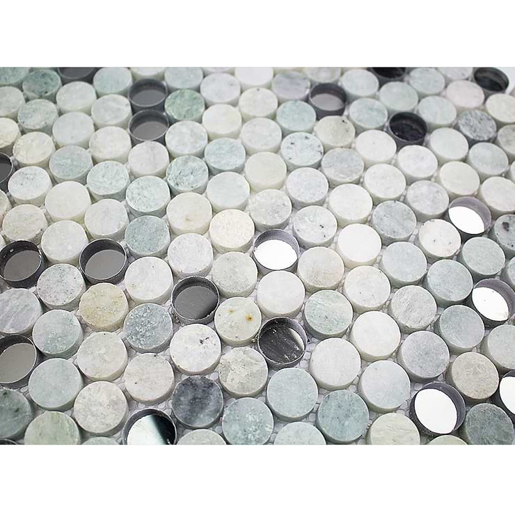 Reflection Ming Green With Mirror Penny Round Marble and Glass Tile