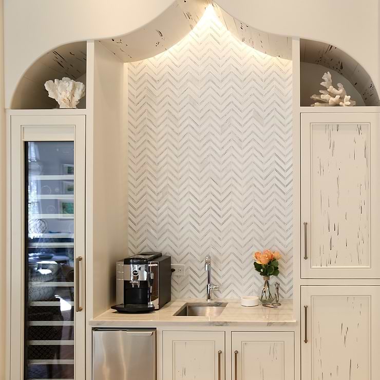 Monarch White Thassos & Carrara Herringbone Polished Marble Mosaic; in White w/Gray Thassos + Carrara; for Backsplash, Floor Tile, Kitchen Floor, Kitchen Wall, Wall Tile, Bathroom Floor, Bathroom Wall, Shower Wall, Shower Floor, Outdoor Wall, Commercial Floor; in Style Ideas Craftsman, Farmhouse, Modern, Transitional