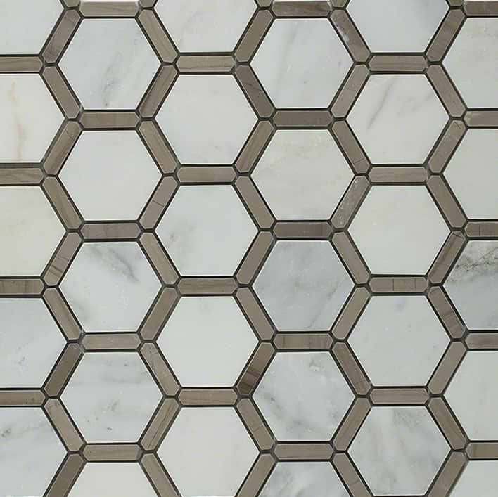 Florentine White and Gray 2" Hexagon Polished Asian Statuary Marble Mosaic; in White/Gray & Brown Asian Statuary + Athens Gray; for Backsplash, Floor Tile, Kitchen Floor, Kitchen Wall, Wall Tile, Bathroom Floor, Bathroom Wall, Shower Wall, Shower Floor, Outdoor Wall, Commercial Floor; in Style Ideas Craftsman, Traditional