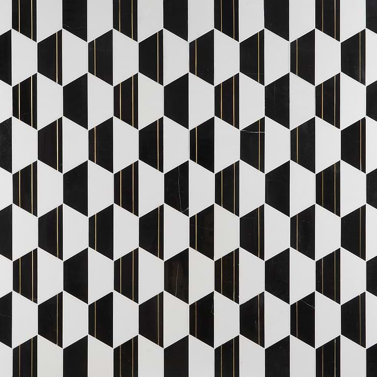 Fuse Nero 6" Polished Marble and Brass Inlay Mosaic