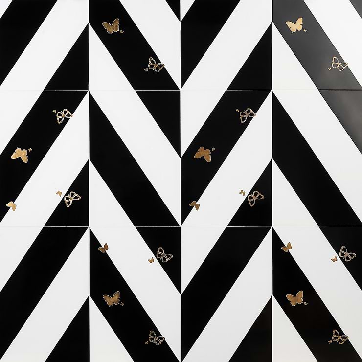 Timeless Butterflies And Nero Blanco Mixed 12x18 Porcelain Tile By Elizabeth Sutton 