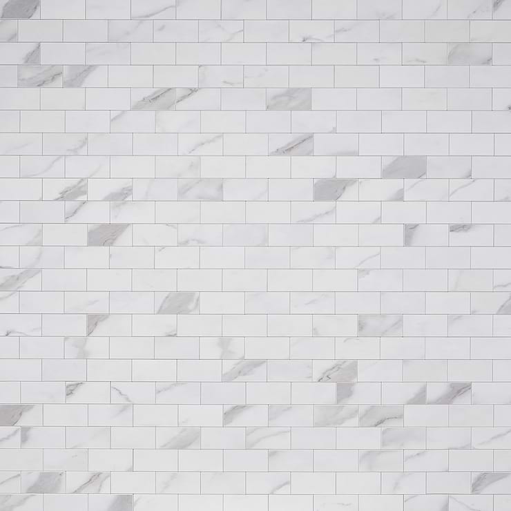 Calacatta LPS White 2x4 Brick Solid Core Peel & Stick Self Adhesive Marble Look Matte Tile