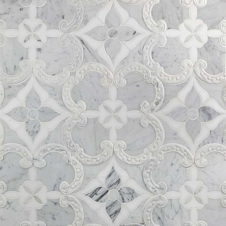 Windsor White Polished Marble Mosaic; in Gray, White Thassos & Carrara; for Backsplash, Kitchen Wall, Wall Tile, Bathroom Wall, Shower Wall, Outdoor Wall; in Style Ideas Art Deco, Mid Century, Transitional