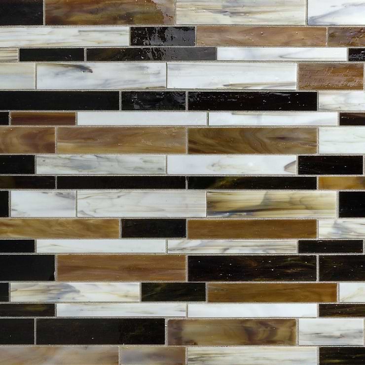 Matchstix Meadowlark Multicolor Brick Polished Glass Mosaic; in Caramel, Chocolate Brown + White with Hint of Gray Stained Glass; for Backsplash, Kitchen Wall, Wall Tile, Bathroom Wall, Shower Wall, Outdoor Wall, Pool Tile; in Style Ideas Beach, Classic, Contemporary, Tropical