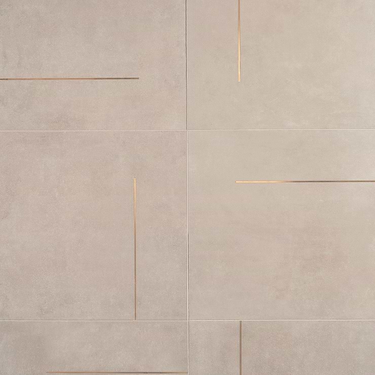 Lines Brass Inlay Greige 24x24 Porcelain Tile with Matte Finish and Brass Lines