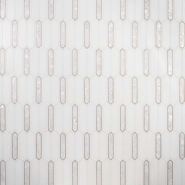 Zeus White Pearl 2x8 Picket Polished Marble, Pearl and Brass Waterjet Mosaic Tile